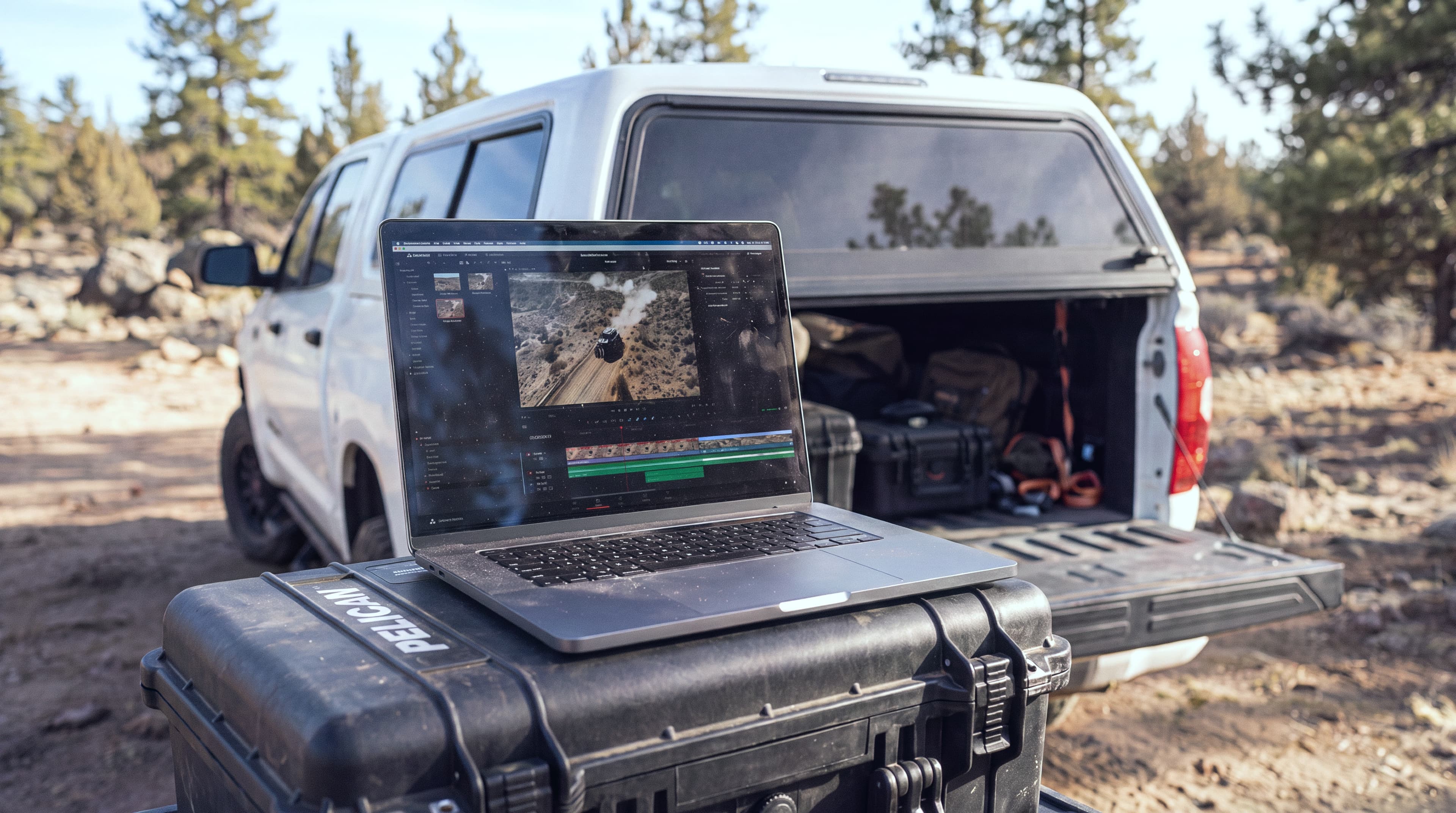 Laptop editing race footage on a Pelican case in the field, next to the crew truck.